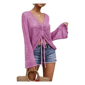 Hollow Out Lightweight Crochet Sweater Pink Knit Bell Sleeve Drawstring Front S